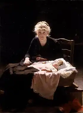Fantine avec sa fille Cosette peintes par :Margaret Bernadine Hall&nbsp;(en) (huile sur toile, 1886)