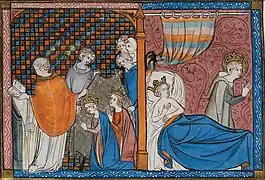 Mariage de (1214-1270) et de Marguerite de Provence (1221-1295). Saint Louis (Louis IX) pratiquant l'abstinence. Miniature extraite de Vie et miracles de saint Louis.