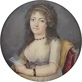 Portrait d'une dame à la lettre, vers 1794-1798, miniature, aquarelle sur ivoire, diamètre 6,6&nbsp;cm (localisation inconnue)