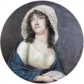 Portrait d'une femme tenant une lettre, vers 1794-1798, miniature, diamètre 7,6&nbsp;cm (localisation inconnue)
