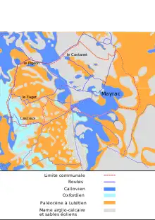 carte montrant par un jeu de couleur les types de sols, bleu le Jurassique, ocre le Tertiaire et gris les dépôts récents