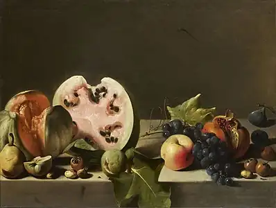 Melon, pastèque et fruits sur un entablement,  h/t, 56&nbsp;×&nbsp;72&nbsp;cm, Paris, collection particulière.