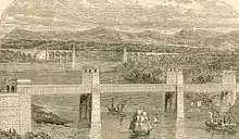 Pont Britannia, construit en 1850 en fer puddlé. Avec deux travées de 140 m, il établit un record.