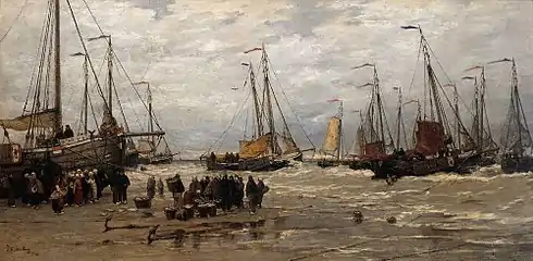 Des pinques de pêcheurs sur des brisants vers 1875 - 1885 par Hendrik Willem Mesdag.