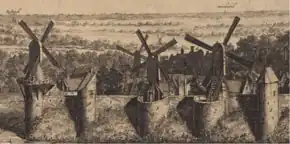 Dessin en noir et blanc d'une muraille surmontée de moulin.