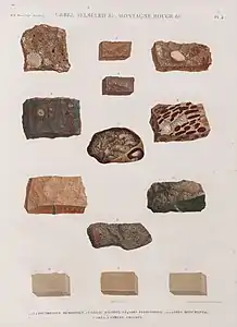 1-4. Pouddingue memnonien;5. Caillou d'Égypte;6.8.9. Grès ferrugineux;7.10-12. Grès monumental;13. Grès à ciment siliceux