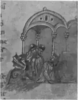 Plus vieille représentation médiévale de la mort de Laocoon et de ses fils. Miniature d'un artiste anonyme du XIVe&nbsp;siècle tirée du Codex Riccardianus 881.