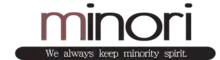 Logo de minori. m en rouge et inori en noir avec en sous-titre « We always keep minority spirit. »