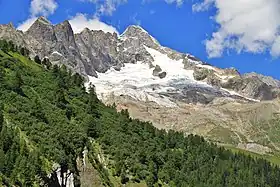 Le glacier du Dolent dominé par le mont Dolent vus depuis le val Ferret à l'est.