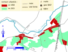 Carte représentant par un jeu de couleurs l'extension des zones bâties d'un territoire.
