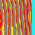Érosion par h(24 pixels) sur un ensemble lamellaire (X :jaune et rouge, érosion par h : rouge, érosion du masque : cyan)