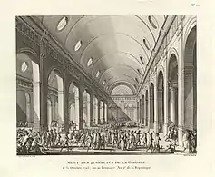 Mort des 21 députés de la Gironde le 31 octobre 1793.Estampe de Pierre-Gabriel Berthault et Jean Duplessis-Bertaux, Tableaux historiques de la Révolution française, Paris, BnF, département des estampes, 1802.