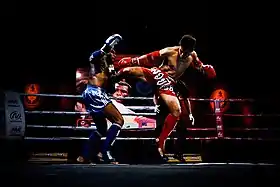 Une des techniques du muay-thai coup de pied circulaire.