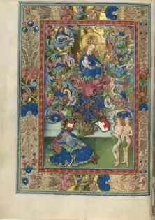 Arbre de Jessé avec Adam et Ève. Missel de Salzbourg, t. IV (1478-1489). Bibliothèque d'État de Bavière, Munich, Clm 15711, fol. 31v.