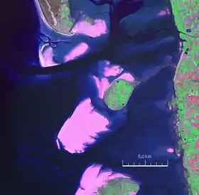 Mandø, avec Koresand&nbsp;(en) proche au sud-ouest, Fanø au nord, Rømø au sud et la terre du Jutland à l'est.