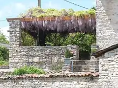 Terrasse fleurie et briquette calcaire.