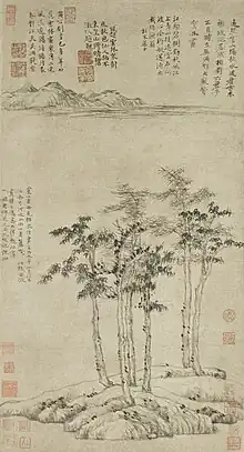 Les Six gentilshommes . Ni Zan (1301-1374). Rouleau vertical, 1345. Encre sur papier, 64,3&nbsp;×&nbsp;46,6&nbsp;cm. Musée de Shanghai.