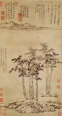 Six gentilshommes, Ni Zan, 1345, rouleau vertical, encre sur papier, 61,9&nbsp;×&nbsp;33,3&nbsp;cm. Shanghai Museum.