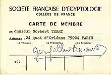 Carte de membre de la Société Française d'égyptologie