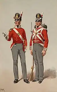 Gravure en couleur. Deux militaires en tunique rouge