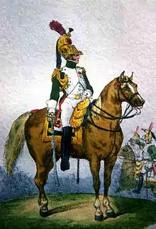 Soldat casqué à cheval, sabre à la main.