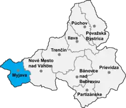 Localisation du district de Myjava dans la région de Trenčín (carte interactive)