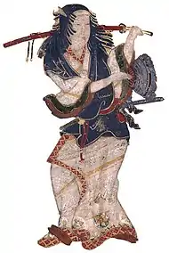 Okuni, créatrice du kabuki, détail d'un panneau peint du début du XVIIe&nbsp;siècle.