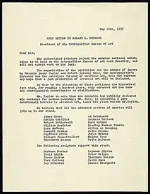 A letter with a small section of body text followed by two sections of typed signatures, one for painters, the other for sculptors