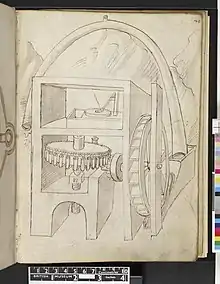Dessin crayonné représentant une machine hydraulique avec roue à aube et engrenages.