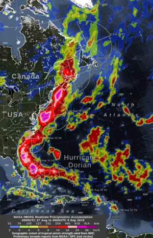 Accumulations totales de pluie le long de la trajectoire de Dorian tels qu'estimées par satellite météorologique.
