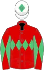 Rouge une ceinture losangée verte, manches diabolo du même, toque blanche un losange vert