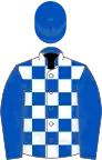 Échiquetée bleue roy et blanc, manches et toque bleues roy