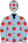Light blue, scarlet spots, light blue cap