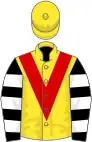 Yellow, red chevron, black and white hooped sleeves, yellow cap