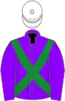 Violet, green cross-belts, white cap