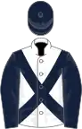 White, dark blue cross sashes and sleeves, dark blue cap