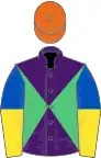 Purple and emerald green diabolo, royal blue and yellow halved sleeves, orange cap
