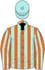 Orange and pale blue stripes, pale blue cap