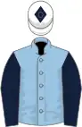 Light blue, dark blue sleeves, white cap, dark blue diamond