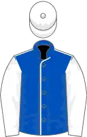 Blue, white seams, white sleeves, white cap