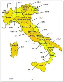 Représentation géographique du produit intérieur brut par habitant.