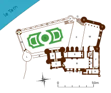 Plan de masse d'une forteresse surplombant des jardins et terrasses, eux-mêmes situés au-dessus des rives de la rivière Tarn.