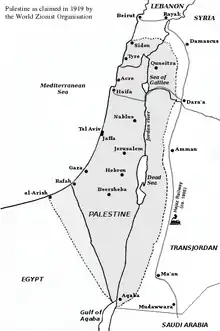 Carte de la Palestine présentée à la Conférence de la paix par la délégation de l’Organisation sioniste mondiale.