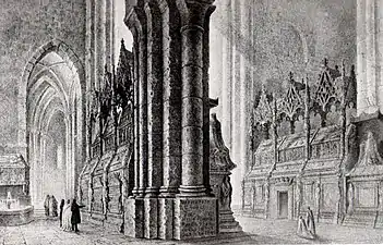 Panteons de Poblet (intérieur de l'abbaye de Poblet), lithographie de Francisco Javier Parcerisa dans Recuerdos y bellezas de España&nbsp;(es) (volume sur la Principauté de Catalogne, 1839).