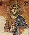 Christ Pantocrator (Le Sauveur Tout-Puissant). Mosaïque de la galerie sud de la cathédrale de Sainte-Sophie (Constantinople). Premier quart du XIIe&nbsp;siècle.