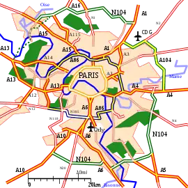 Carte des ceintures périphériques de Paris, mettant en évidence l'autoroute A104