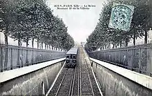 Carte postale en noir et blanc montrant un métro prêt à quitter une section aérienne pour une section souterraine