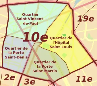 Localisation administrative du quartier dans le 10e&nbsp;arrondissement actuel.