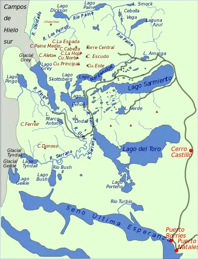 Carte du parc national Torres del Paine avec les deux lacs glaciaires Geikie & Tyndall en bas à gauche.