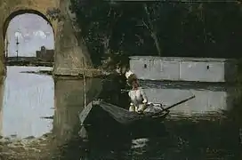 Partie de canots sous le pont de Poissy d'Ernest Giroux dans la seconde moitié du XIXe&nbsp;siècle